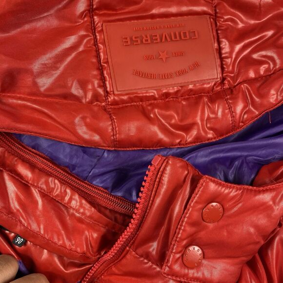VTG Converse Luxury Puffer Jacket Hoodie Red Purple Unisex M Bomber Removable - Picture 8 of 15